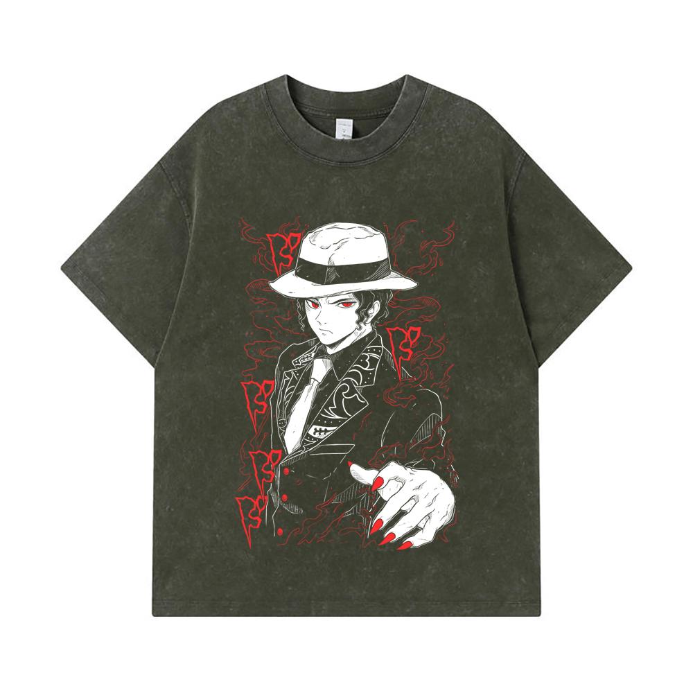 

275 GSM Washed T-shirts 100% Cotton Demon Slayer V37 Muzan Print Unisex Heavy Cotton T Shirt S армия зеленый