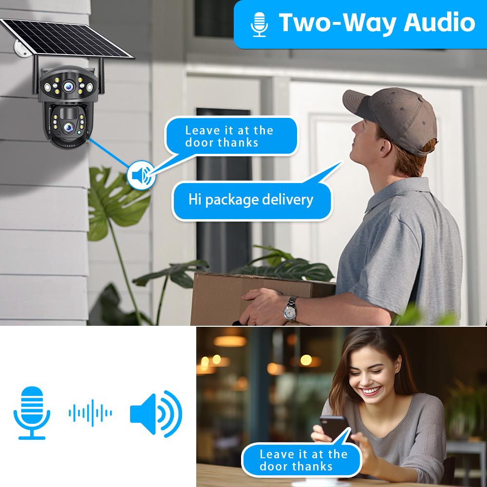 Dual Lens Solar Security Camera, 4G/WiFi Outdoor Monitor with Night Vision, HD Rechargeable PIR Surveillance System