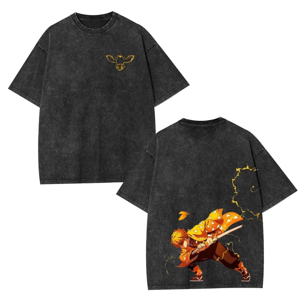 Zenitsu Demon Slayer Anime Clothing Men Short Sleeve Manga T-shirts Retro Washed T Shirt Casual Cotton Tee Harajuku Male Tshirt