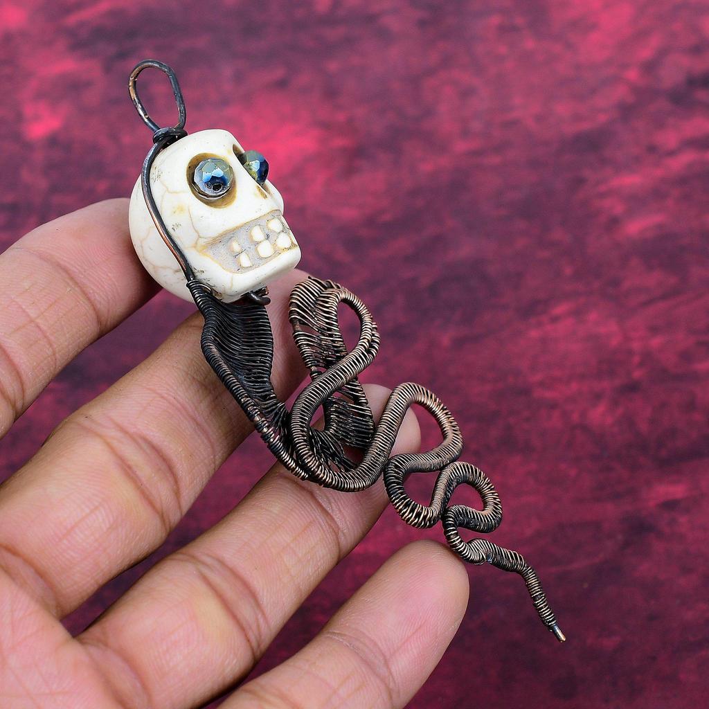 Howlite Copper Wire Wrapped Pendant Titanium Bead Eyes Handmade Jewelry Skull Bone Face Pendant