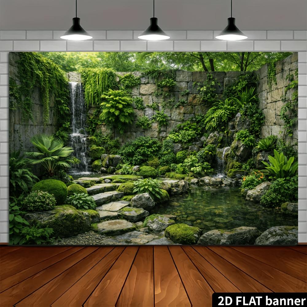 2D Zen Tuin met Achtergrond met Dubbele Watervallen, Stenen Muren, Mos en Groene Planten, Stenen Pad, Heldere Vijver