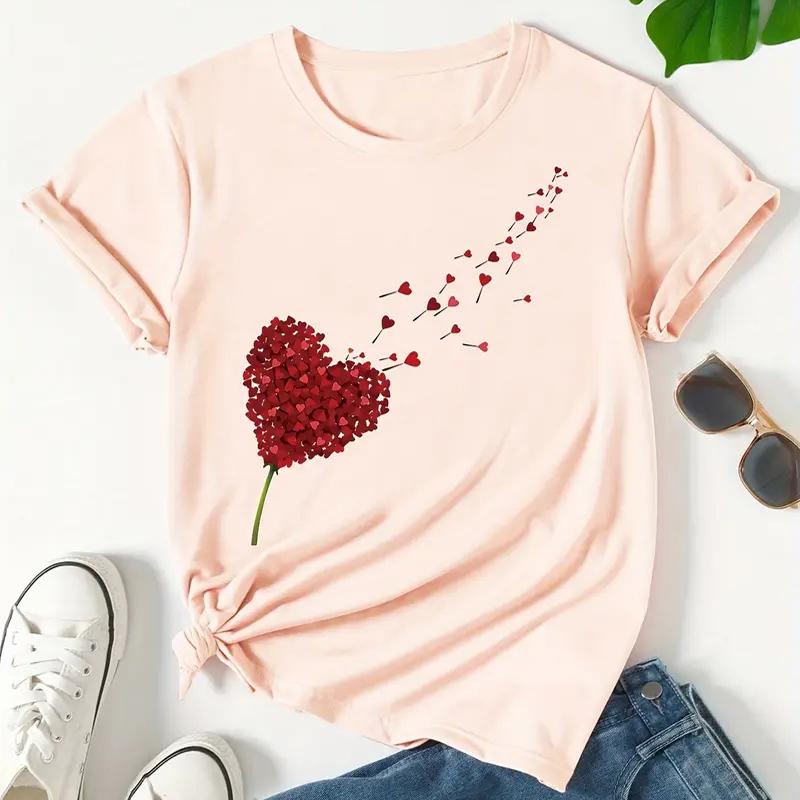 Dámské letní tričko Retro móda Trička s krátkým rukávem Ležérní topy s potiskem ve tvaru srdce