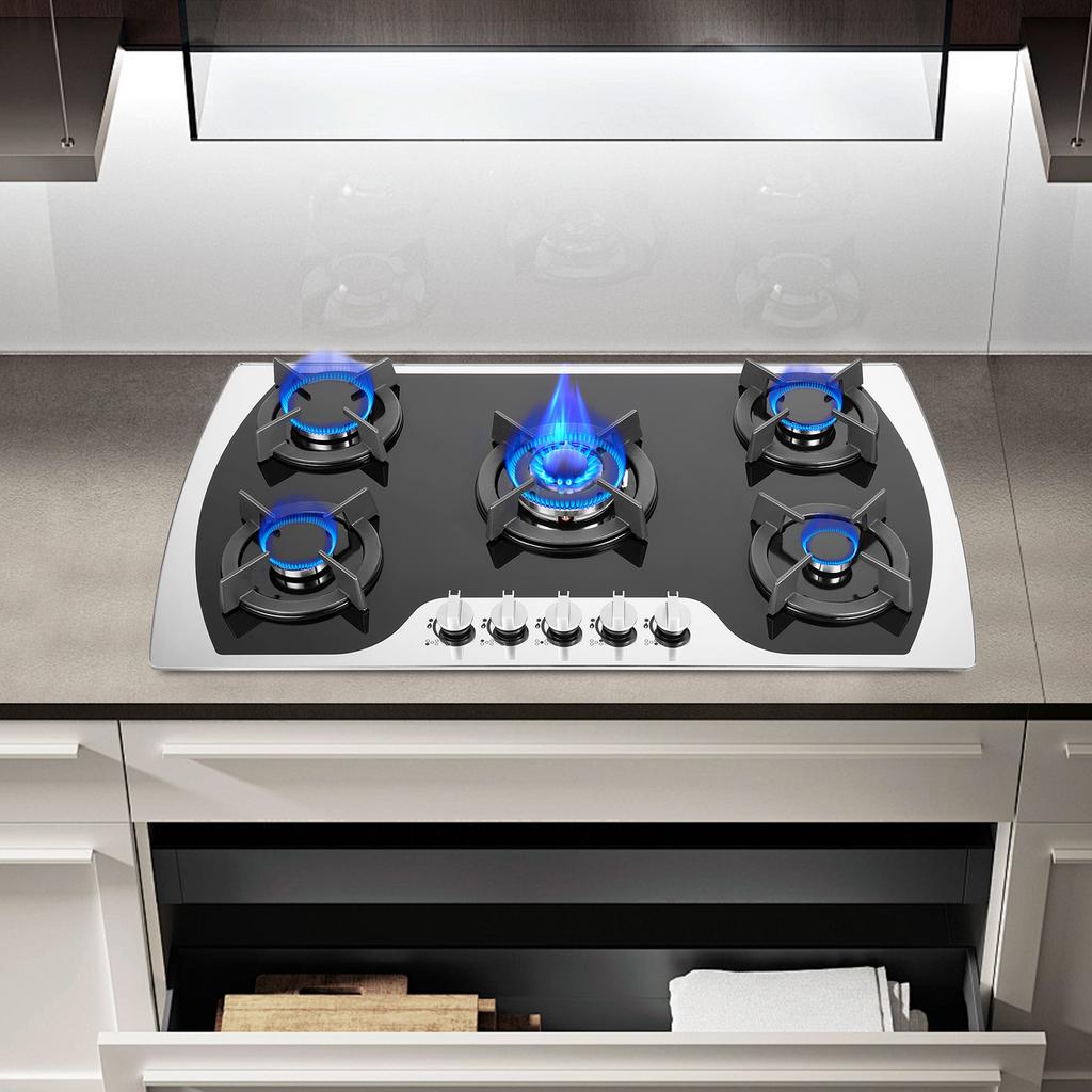5 Burner Gas Cooktop Tempered Glass Gas Stoves 180 Degree Heat Control Knob Kitchen Gas Stove for Home Use W/ Safety Protection