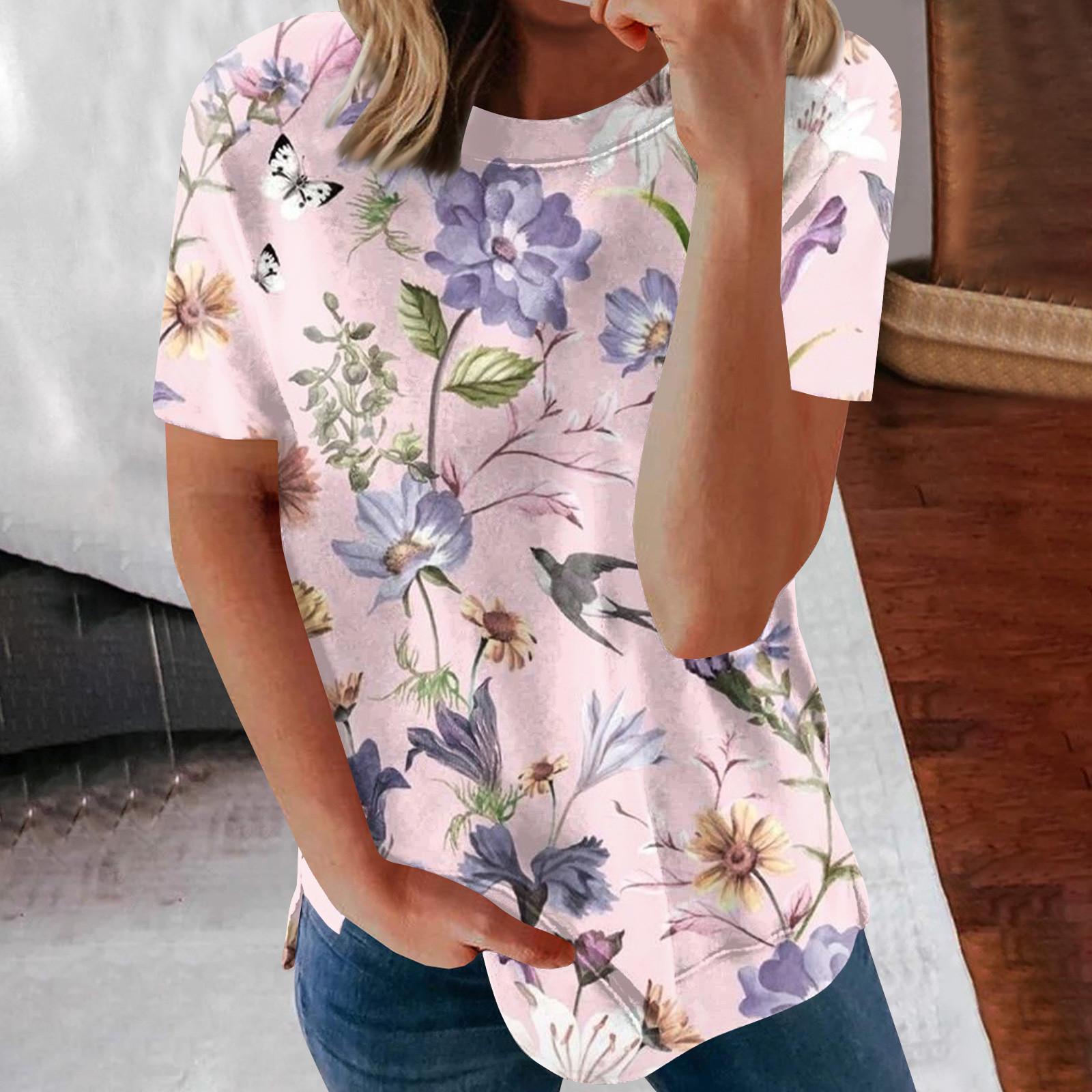 

Женские летние свободные топы с короткими рукавами и круглым вырезом в стиле ретро с короткими рукавами и принтом, женские летние футболки XXL розовый