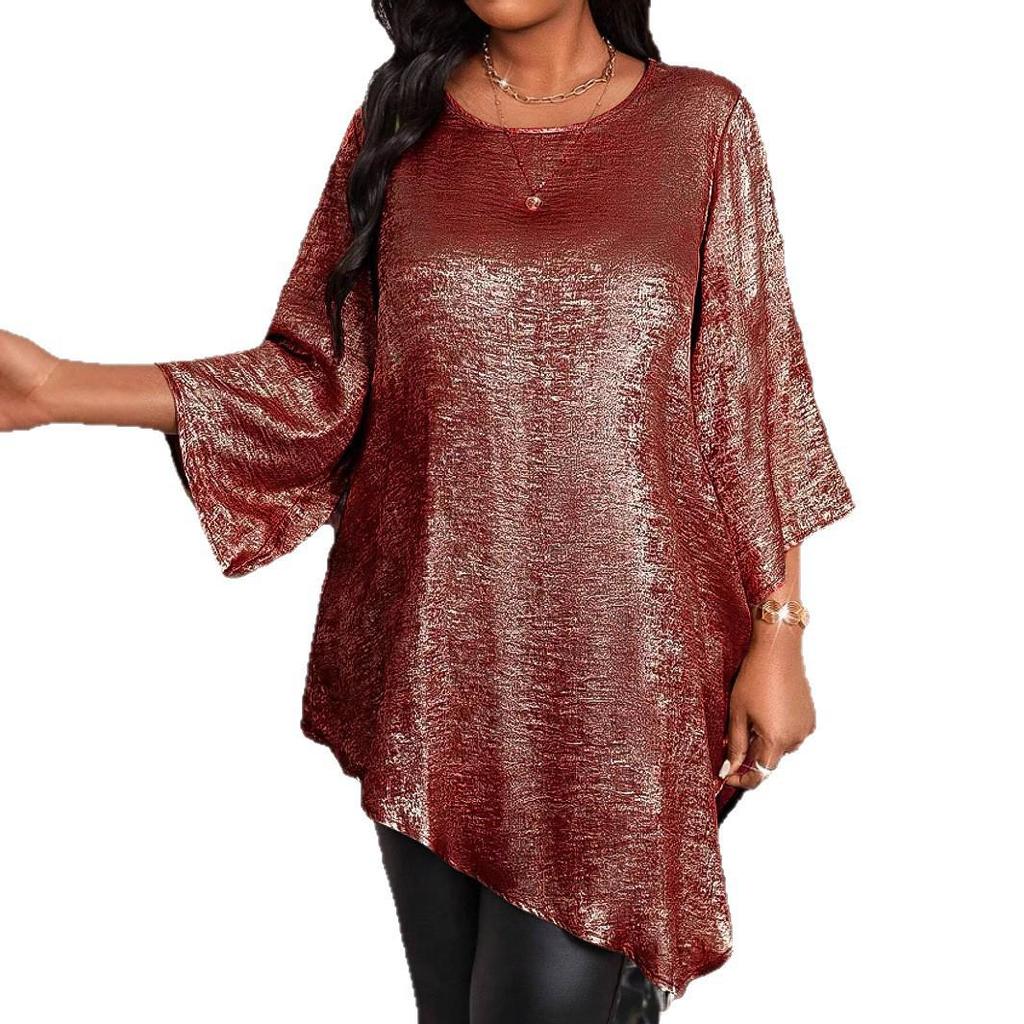 2025 Plus Size Loose Fit Crew Neck Nine-Sleeve Irregular Top for Women