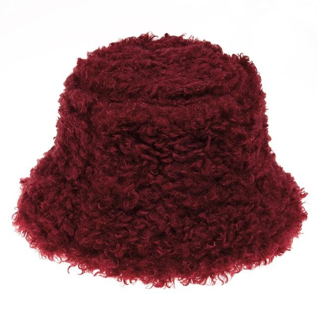 New Outdoor Warm Lamb Faux Fur Bucket Hat Black Solid Fluffy Fishing Cap Fisherman Women Winter