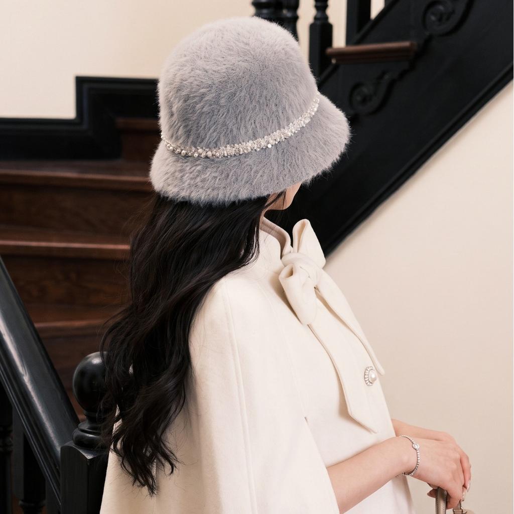 Autumn and winter temperament elegant rabbit fur bucket hat pearl sweet cute plush cold warm ear hat