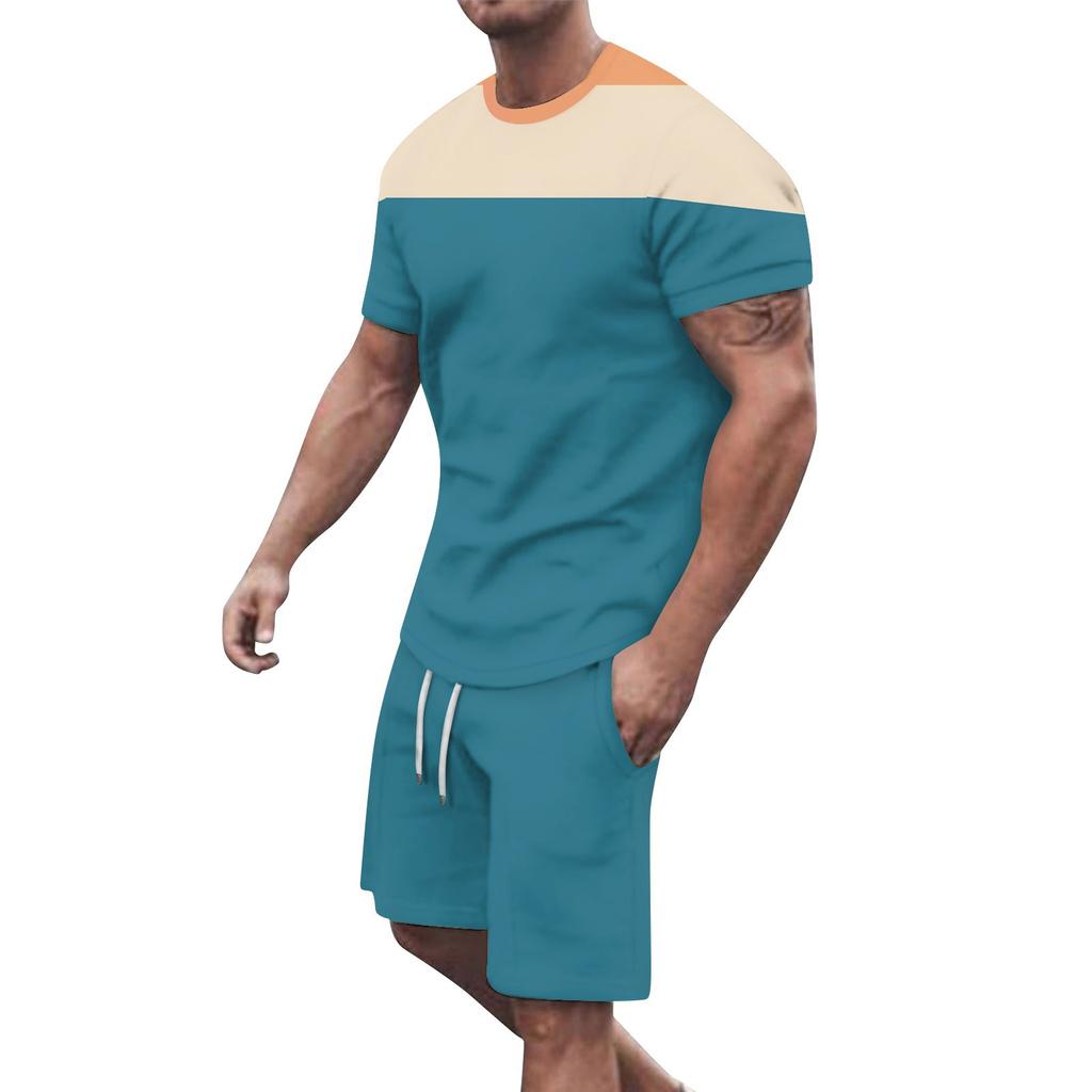 Men's Solid Color Shoulder Short Sleeved Shorts Breathable Men's Casual 2-piece Set