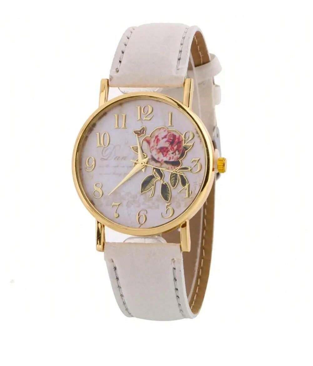 Rose Flower Round Dia Watch Women PU Leather Strap Arabic Number Quartz Wristwatch