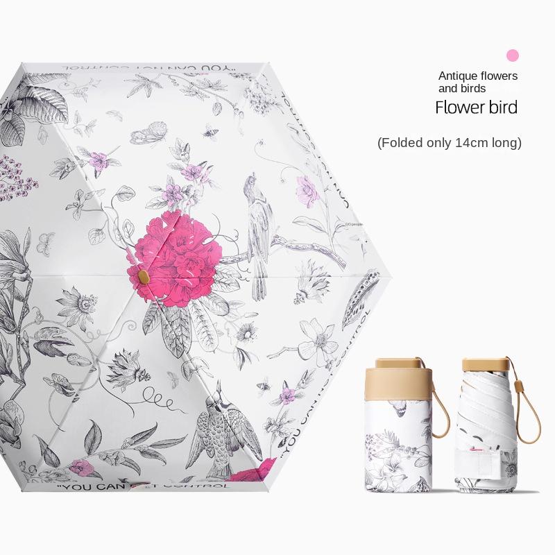 Modischer Sommer UV Mini Schirm für Damen Floral Tragbar Winddicht Taschenformat Faltbarer Sonnenschirm 6-fach Manuell Regenschirm