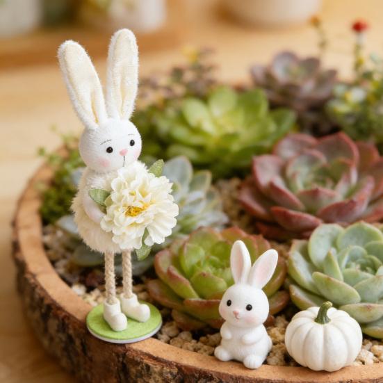 Easter Standing Bunny Doll Cute Fabric Rabbit Figurine with Artificial Flower for Spring Home Shelf Table Decor