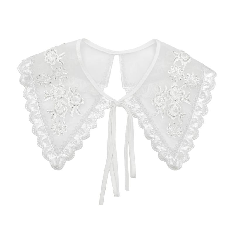 Fashionable Detachable False Collar Shawl Wrap for Women Girls Embroidery Flower Pearls Beaded Necklace Ties up Capelet 1