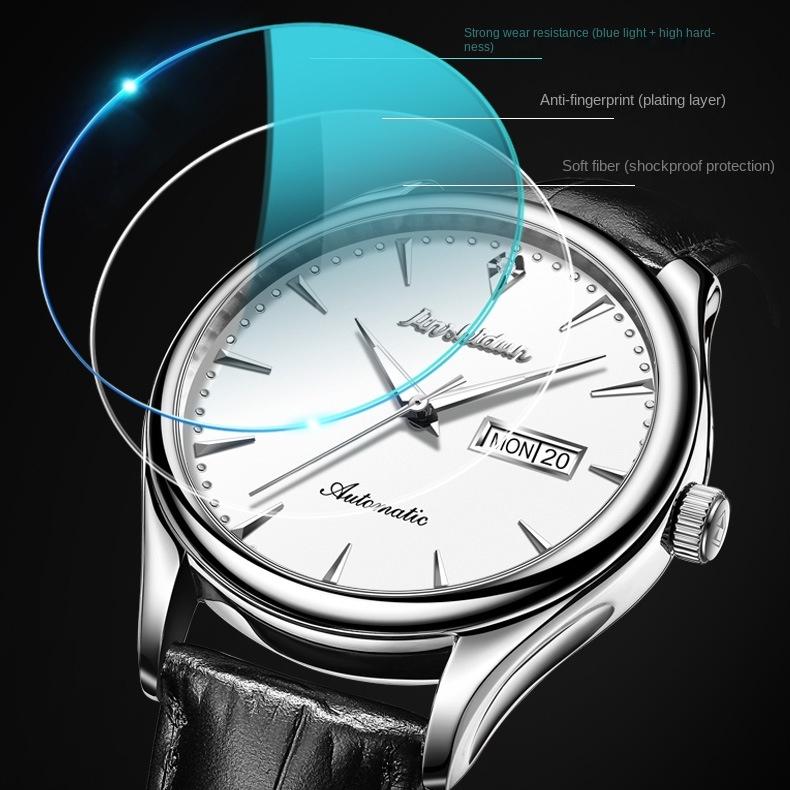 JINSHIDUN Markenuhr Automatische mechanische Uhr Doppelkalenderuhr Modetrend Herrenuhr Herrenuhr