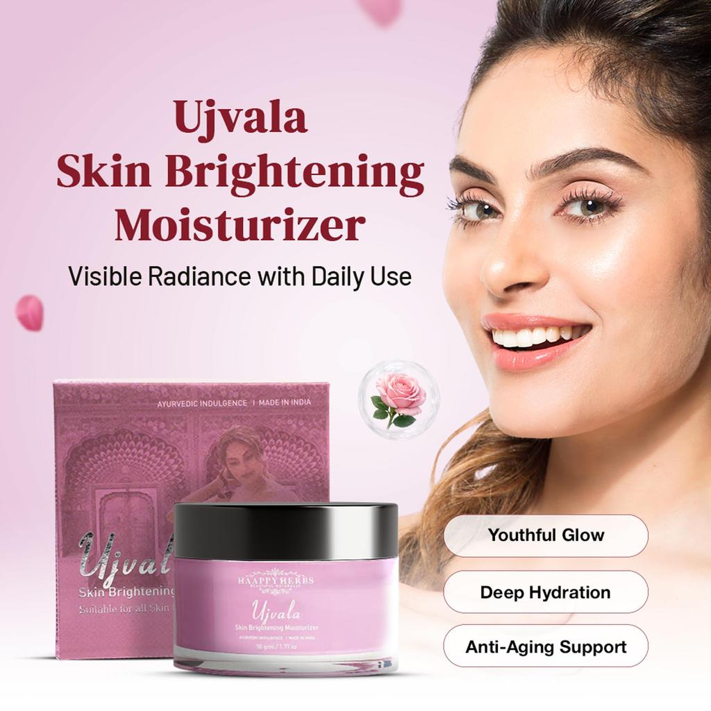 HAAPPY HERBS - BEAUTIFUL NATURALLY Ujvala Skin Brightening Moisturizer - 50G | Ayurvedic Moisturizer Cream For Face | Ideal For Dry Skin | For Men