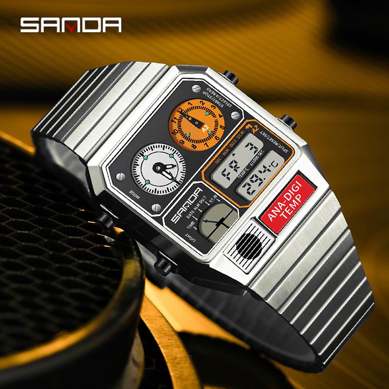 Relógio Masculino Digital LED SANDA 3192 Mostrador Quadrado Duplo Display Multifuncional Medição de Temperatura Esportivo Masculino de Pulso Presente