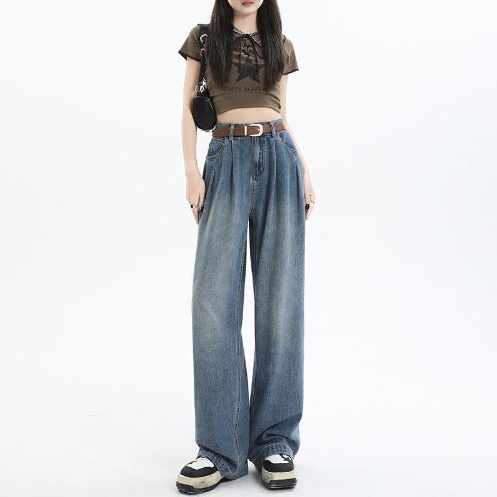 Women Harajuku High Waist Straight Jeans Streetwear Fashion Casual Denim Pants Women Wide Leg Solid Color Jeans