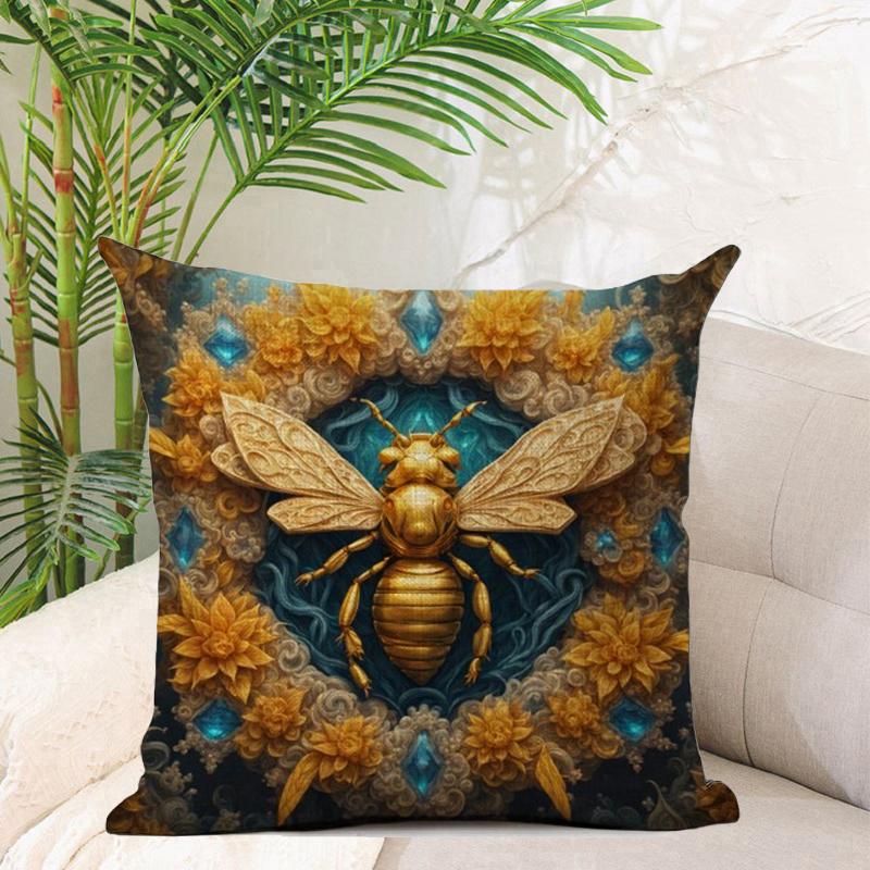 Golden Bee Cushion Cover Honeybee Flower Art Printed Short Plush Pillow Cover Home Decoration Throw Pillows Sofa Pillowcases
