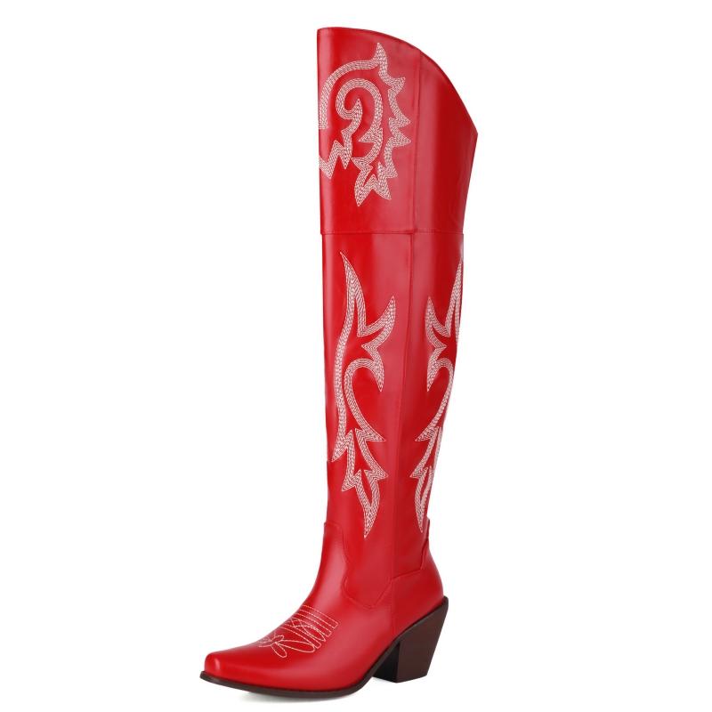 Western Women's Knee High Boots Sexy Embroidery Cowboy Cowgrils Boots Wedges Heel Red Party Winter Shoes Ladies Large Size 46