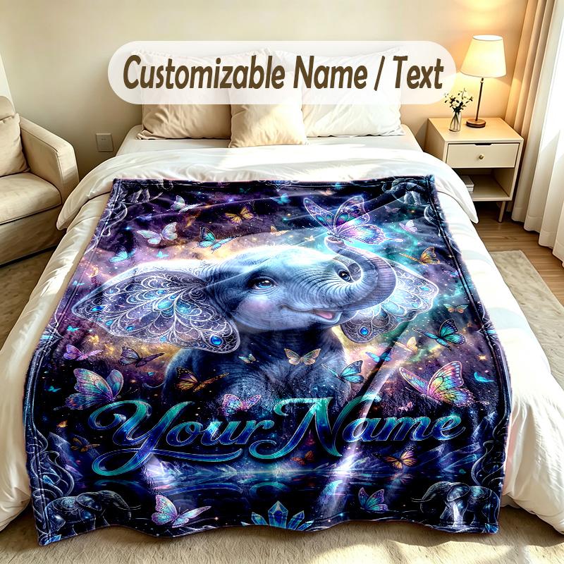 Elephant Theme Soft Blanket Personalized Custom Name Text Print Warm Blanket Home Sofa Bedroom Decor