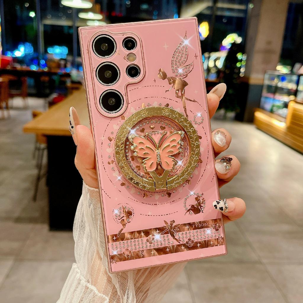 For Samsung Galaxy S25 Ultra Magnetic Case Kickstand TPU+PC Phone Cover Butterfly Pattern Rhinestones Decor