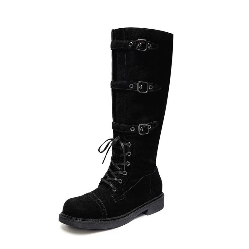 Cow fiber velvet boots women's autumn and winter straps high knight boots square head buckle but knee boots