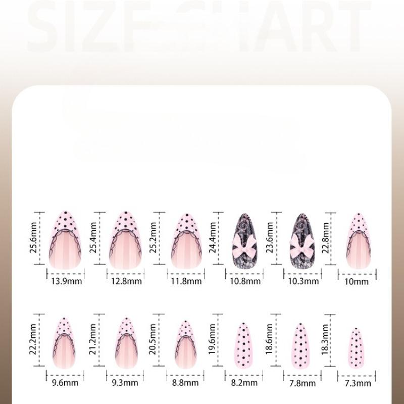 Black Polka Dot Wearing Nail Fake Nail Almond Nail French Pink Manicure Pink Bow Wearing Nail Piece
