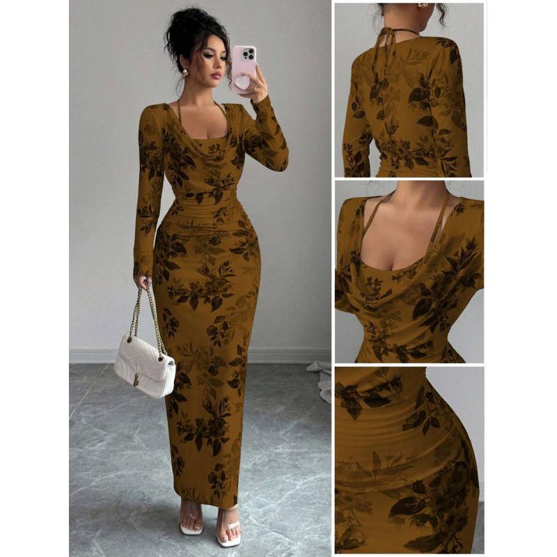 Europe, America 2026 summer new floral sexy elegant pendant collar ruffle edge slim dress S