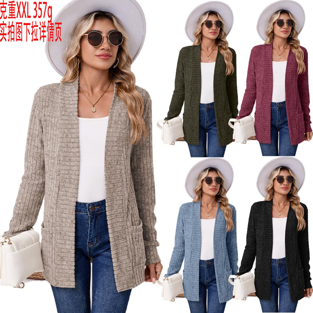 Cardigan aperto a coste da donna, maglione casual a maniche lunghe con tasche
