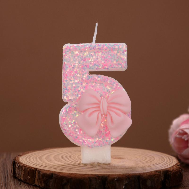 Cute Pink Bow Cake Number Candles Glitter 0-9 Digital Cake Toppers Kids Girls Birthday Party Cupcake Dessert Decoration Favors