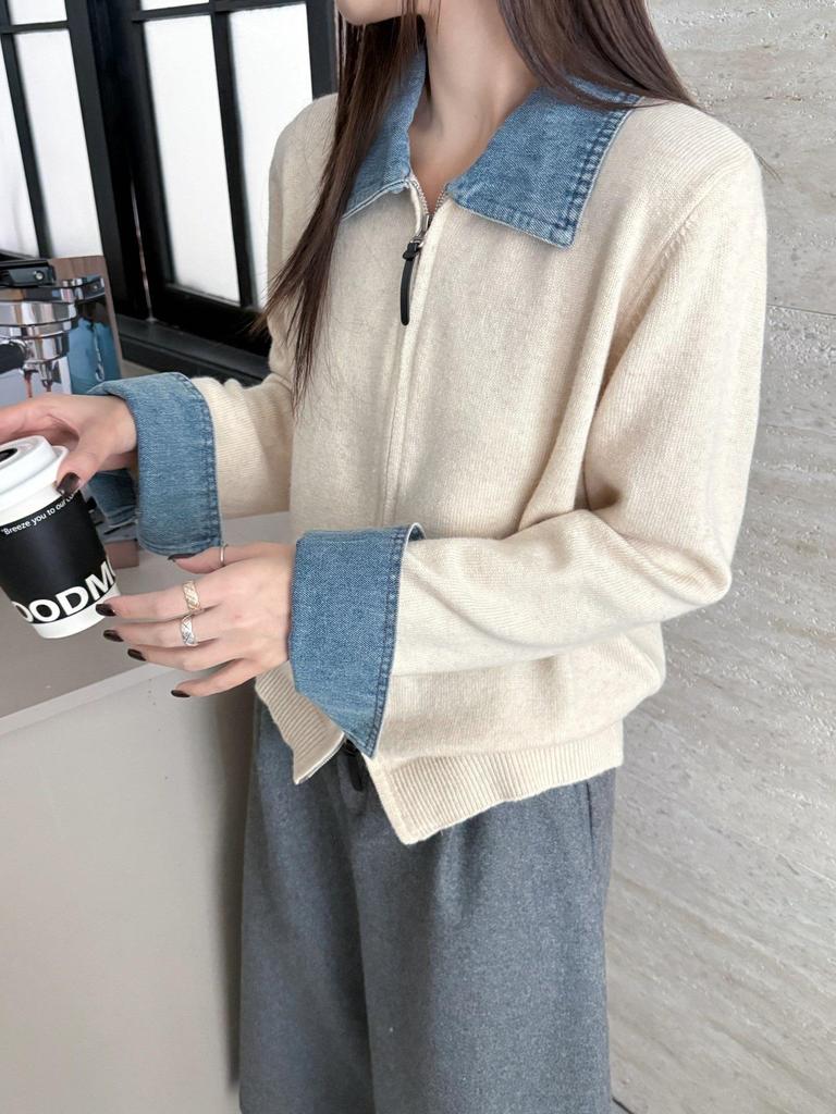 Women's Casual Cashmere Knit Denim Lapel Cardigan with Double Zipper