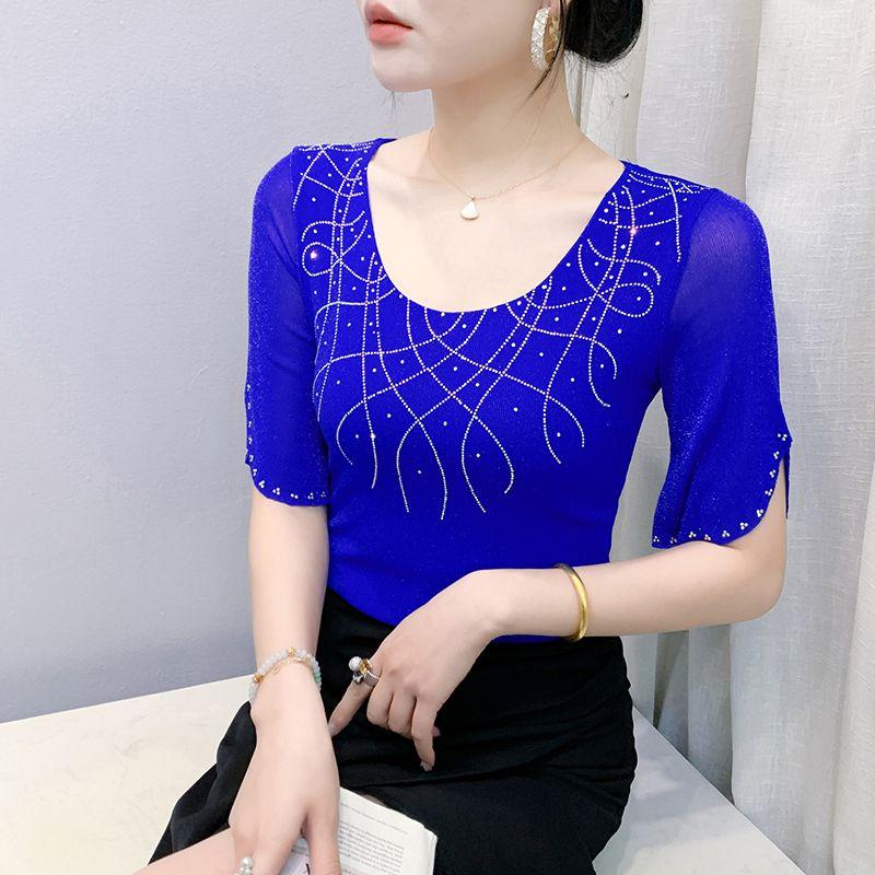 

Летняя европейская одежда Женская сетчатая футболка Сексуальные вырезы лодочкой Блестящие горячие бриллианты Топы Элегантная женская эластичная облегающая футболка Блузка 3XL синий