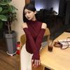 Korean High Neck Off-the-Shoulder Sheer Slimming Long Sleeve Curved Hem Women's Top