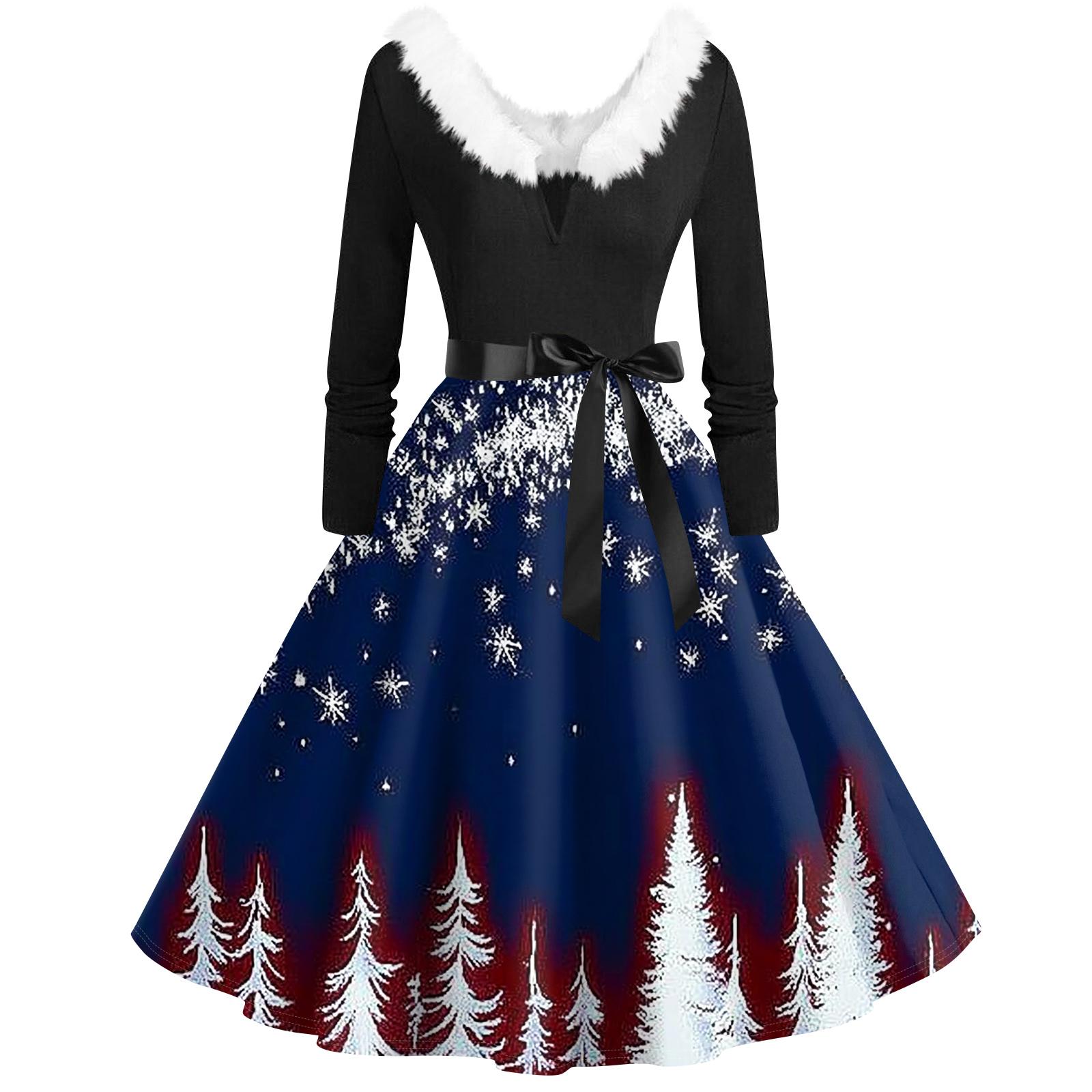 

Женская мода с v-образным вырезом, повседневные тонкие рождественские платья с воротником из волос и длинными рукавами с принтом XXXXXL