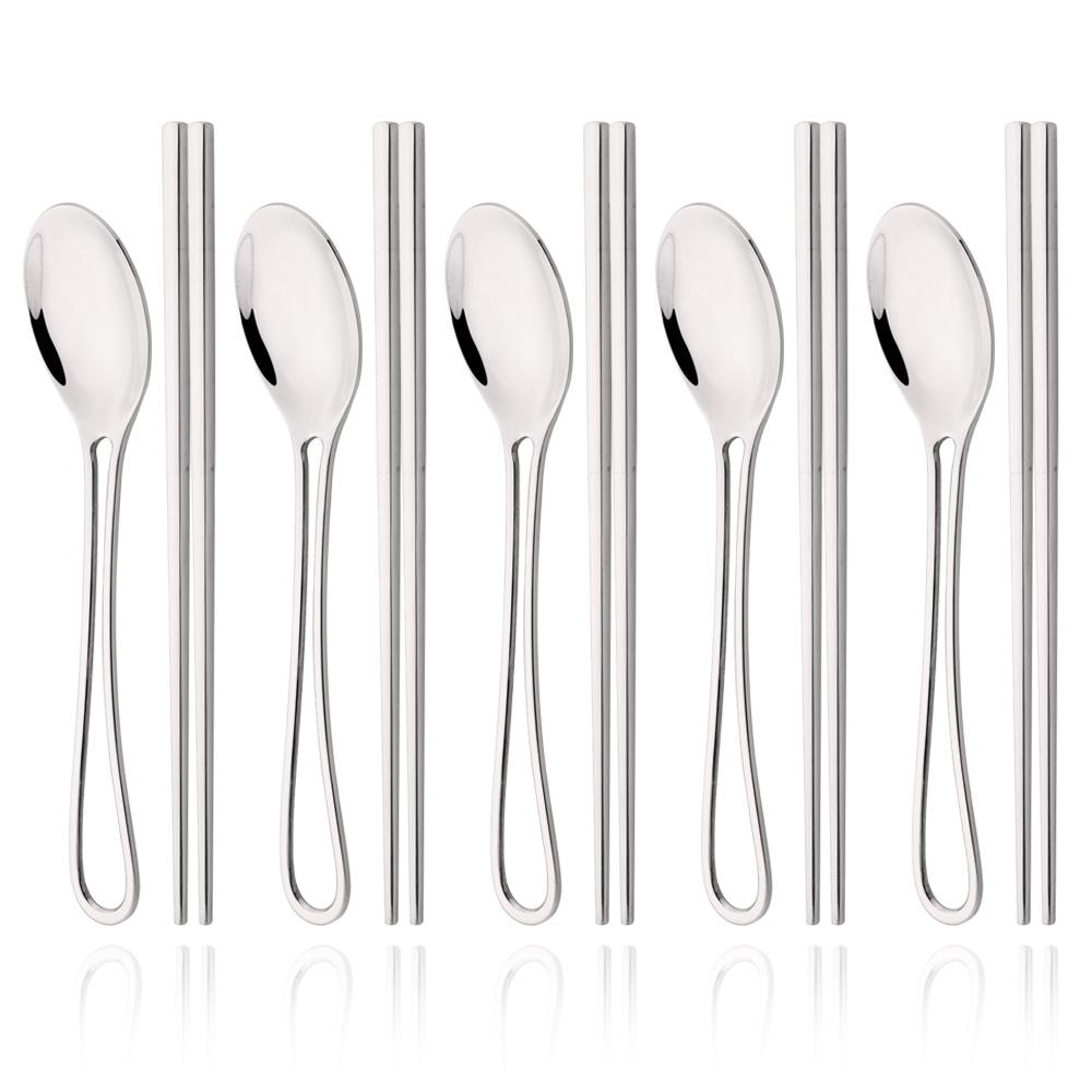 

Black Stainless Steel Cutlery Set Sushi Sticks Dinner Spoons Set 10Pcs Dinnerware Korean Chopsticks Dessert Spoon Flatware Set серебряный