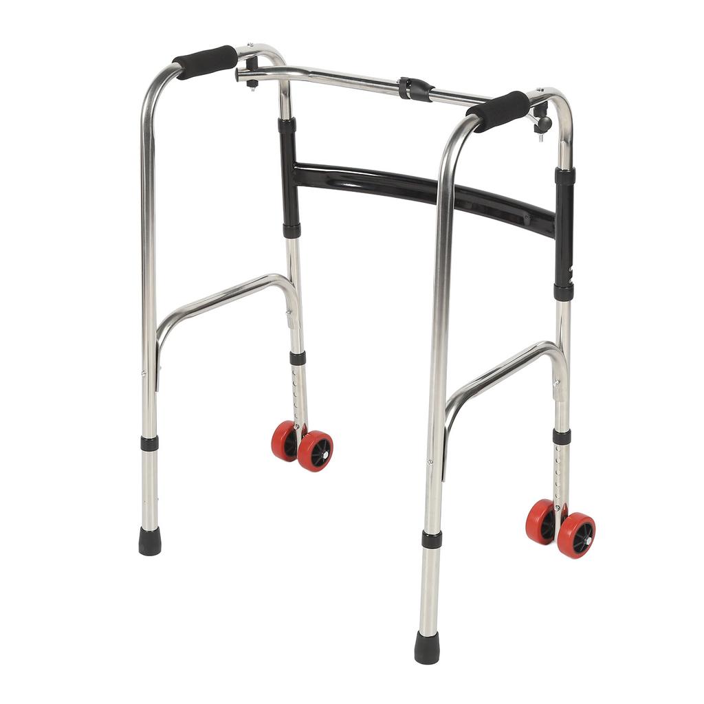Elderly Folding Walker 6 Height Adjust 4 Legs Stainless Steel Walking Aid with Red Wheels Single Ben