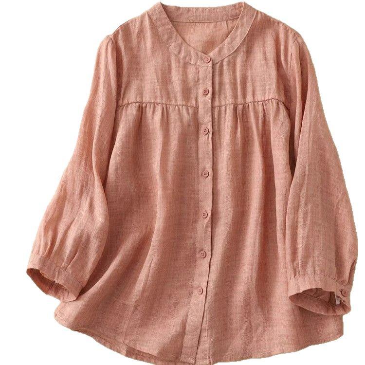 Summer Cotton Linen Casual Women's Blouse - Lightweight, Loose, and Slimming Seven-Sleeve Sunscreen Top