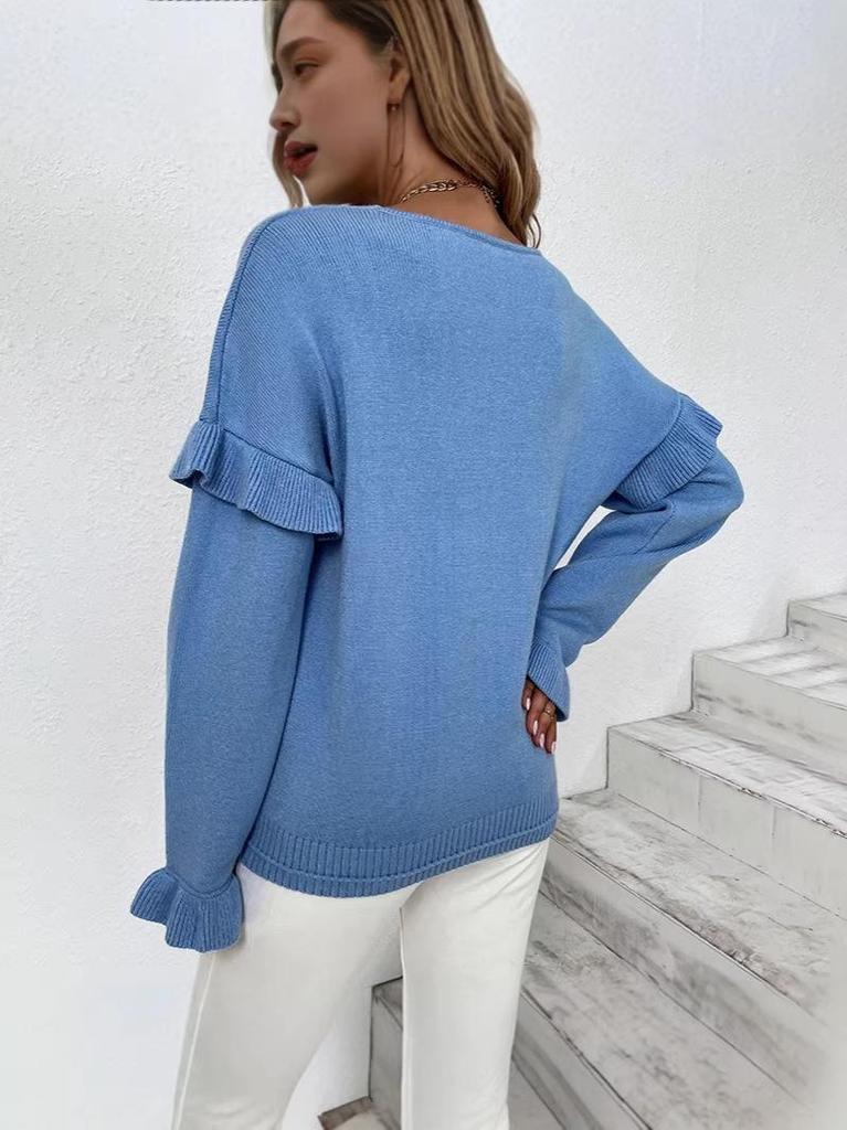 Spring 2026 Solid V-Neck Petal Sleeve Knitwear