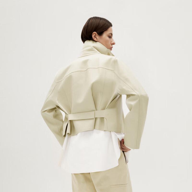 LESS 2024 Spring Lambskin Turn-down Collar Zip Leather Jacket