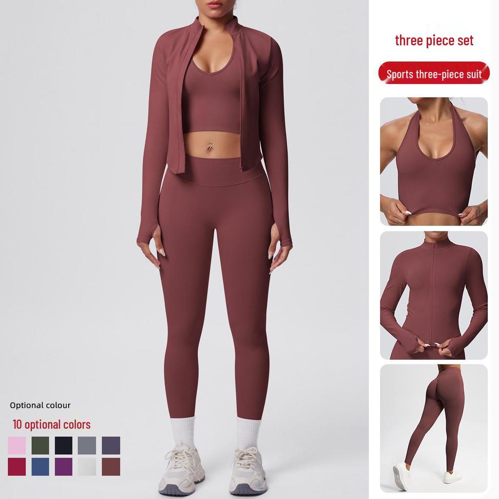Cross-border Hip Lift Tight Seamless Pants with Shockproof Halter Bra and Skin-friendly Zipper Jacket Sport Yoga Set