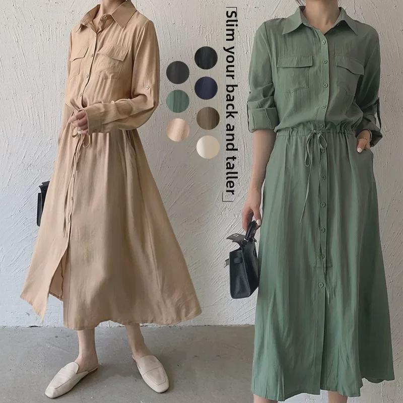 2024 Japanese & Korean Style Sleeveless Pocket Long Swing Casual Lapel Shirt Dress