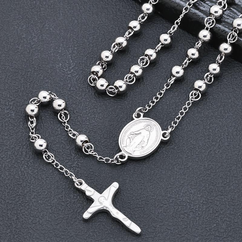 Non-fading European Round Steel Beads Cross Rosary Necklace with Virgin Mary Pendant for Men & Women