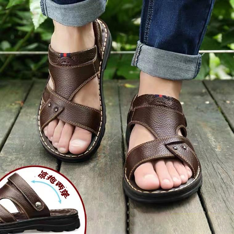 Men's Genuine Leather Casual Sandals - Versatile, Non-Slip, Perforated with Thick Sole for Outdoor & Beach Use