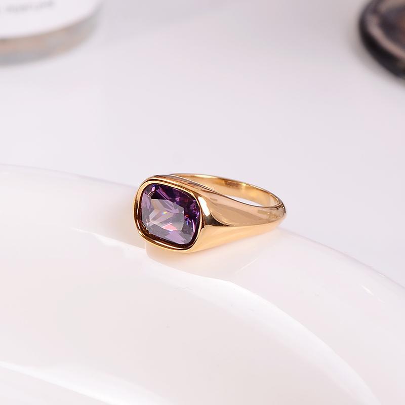 Fashion Purple Zircon Sugar Cube Ring Female Niche Does Not Fade Stacked High-end Ring Titanium Steel Plating