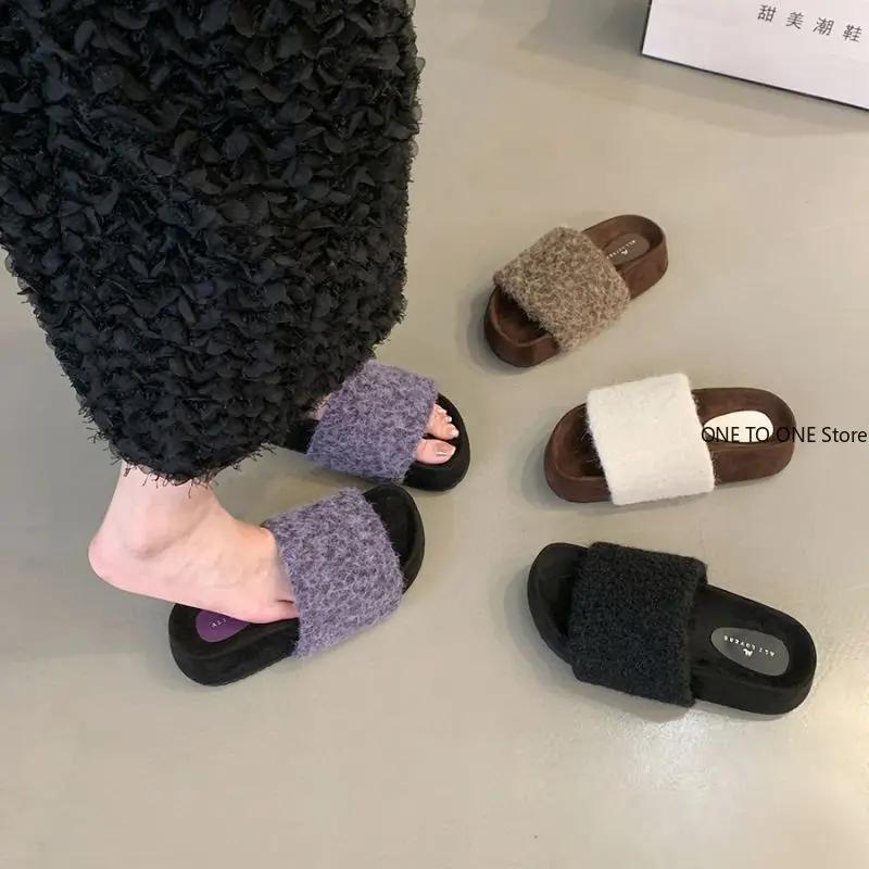 Fashion Plush House Slippers for Women New Open Toe Soft Sole Fuzzy Home Shoes Woman Winter Cozy Warm Indoor Floor Slippers Womens Shoes