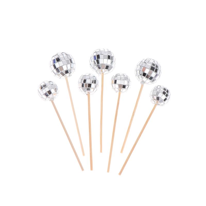10Pcs 2/3Cm Shiny Mirror Balls Cake Topper Cupcake Toppers With Wooden Sticks Birthday Wedding Dance Party Cake Decoration
