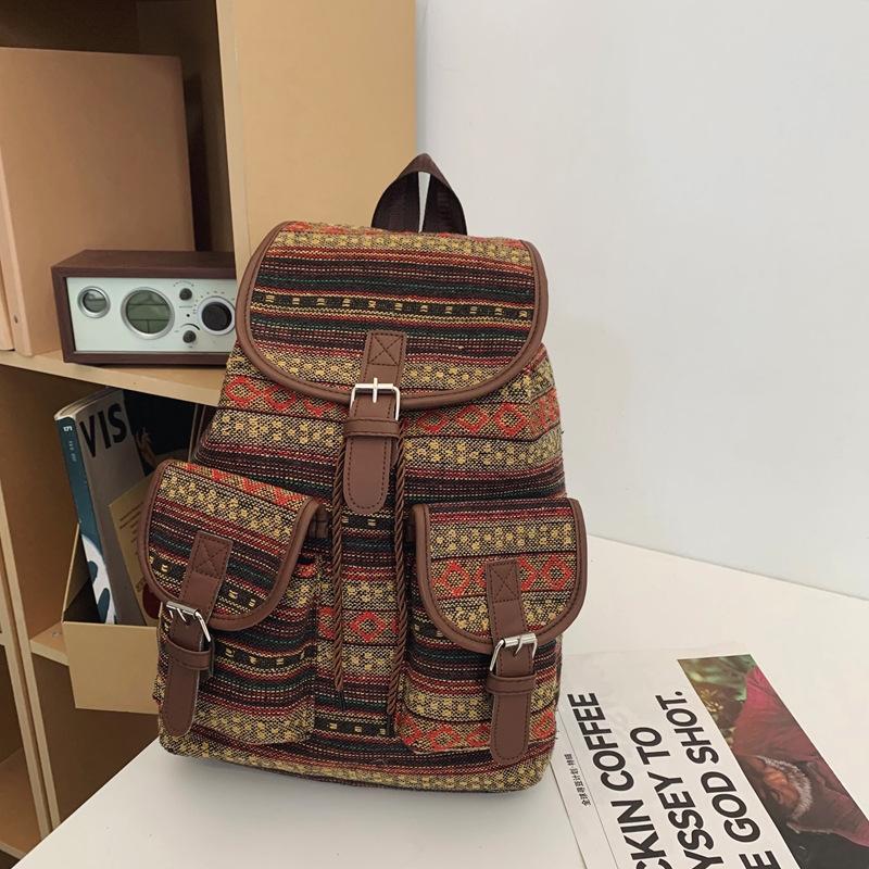 2026 New Female Ethnic Style Backpack Casual Plaid Drawstring Retro Women Large Capacity School Bag Drawstring Bucket Bag