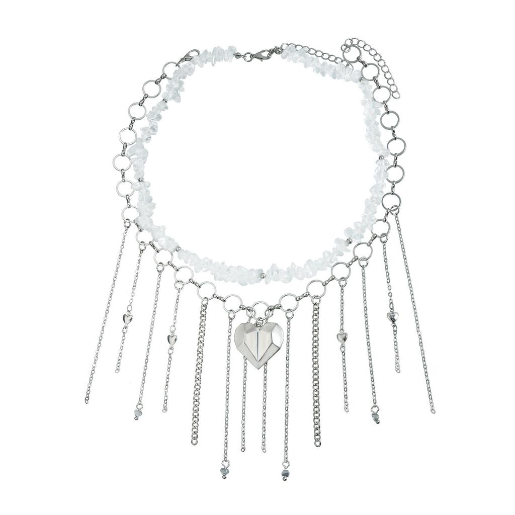 Irregular Natural Stone Heart Pendant Fringe Collarbone Chain Necklace Alloy Lightweight Layering Jewelry For Women