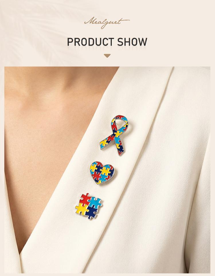 Autism Awareness Brooch Pin, Colorful Jigsaw Puzzle Ribbon Heart Enamel Badge, Fashion Jewelry Gift for Medical Teacher
