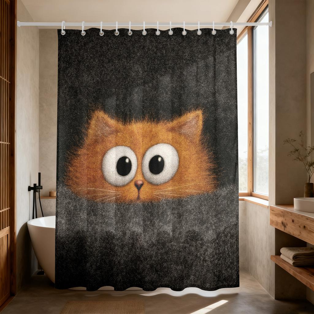 1pc Cute Cat Printed Waterproof Shower Curtain Partition Privacy Hanging Curtain with 12 Hooks Multiple Sizes