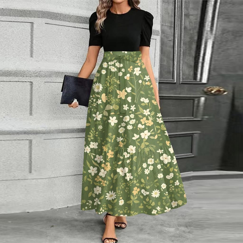 Damen Modisches Lässiges Gürtel Kurzärmeliges Rundhals Print Elegantes Temperament Kleid